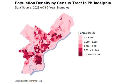 Polygon Map -  Population Density Map of Philadelphia Census Tracts by Zhanchao Yang