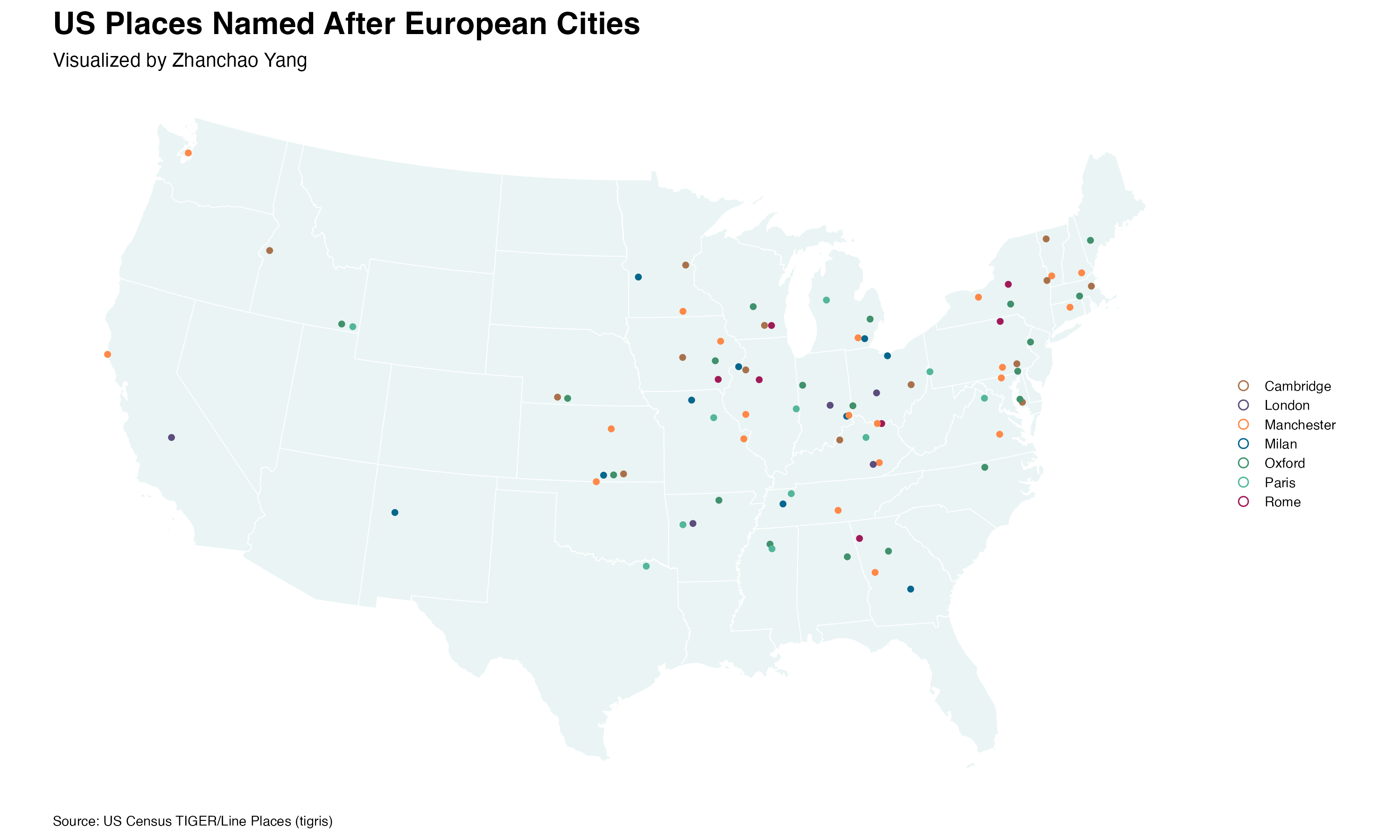 Day 24 US Places Named After European Cities Map